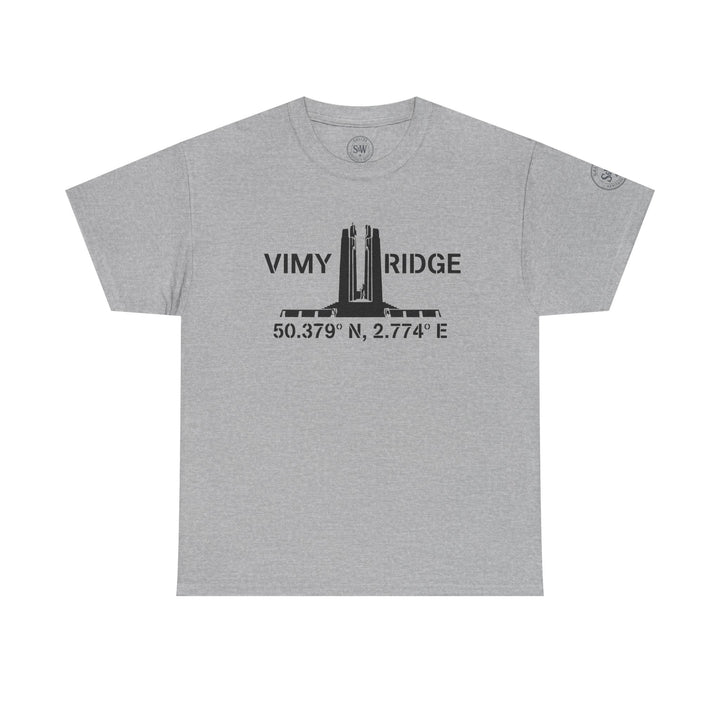 Gray WW1 Vimy Ridge T-shirt by S&amp;W Gallus, featuring the Vimy Memorial monument and coordinates.