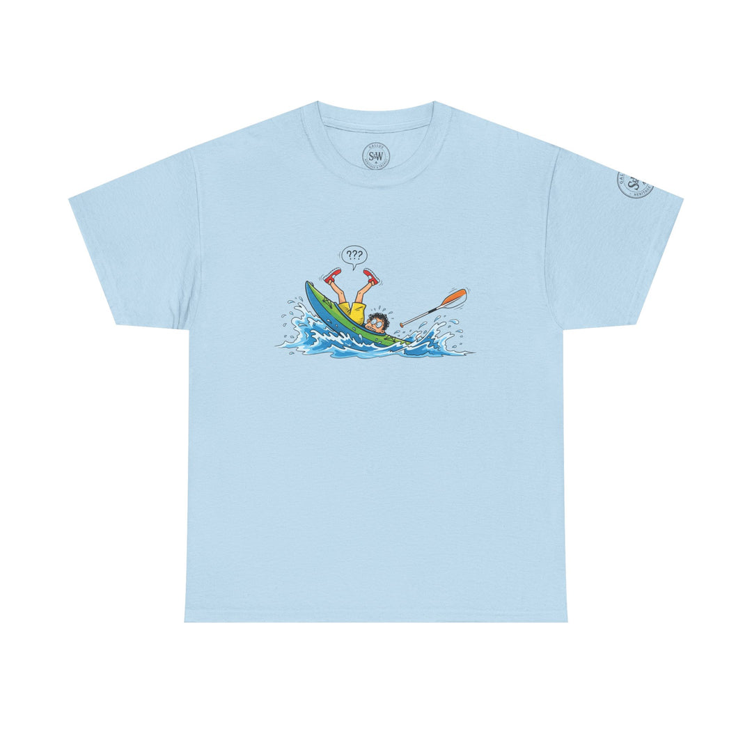 Light blue t-shirt by S&amp;W Gallus featuring a cartoon graphic of a kayaker capsizing in the water.