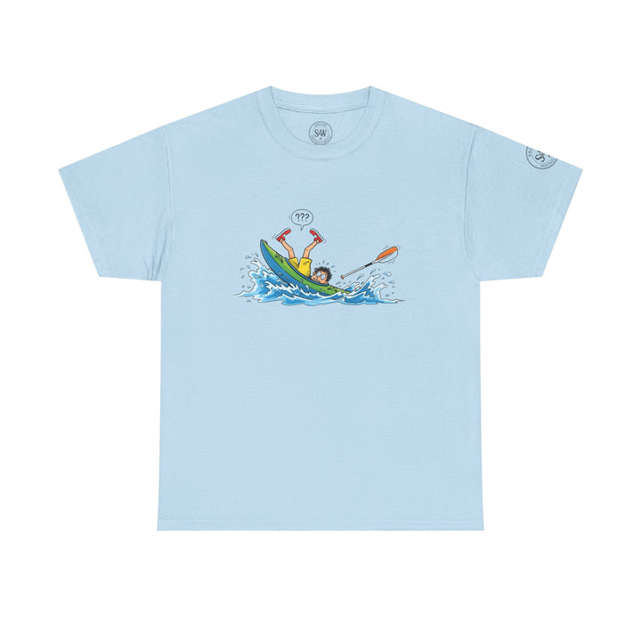 Light blue t-shirt by S&amp;W Gallus featuring a cartoon graphic of a kayaker capsizing in the water.