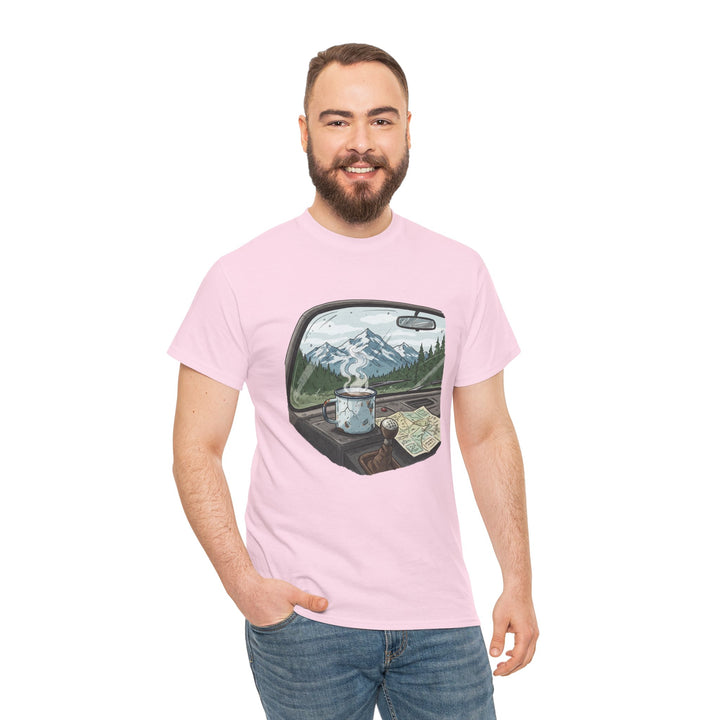 Van Roadtrip View T-Shirt featuring a scenic travel-inspired design. Soft cotton comfort perfect for van life, road trips, and outdoor adventures.