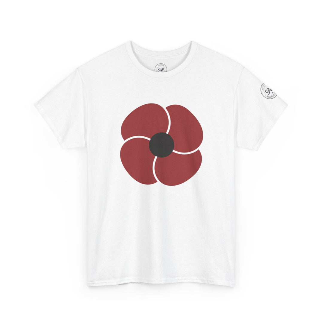 White t-shirt by S&amp;W Gallus featuring a bold red poppy graphic on the front.