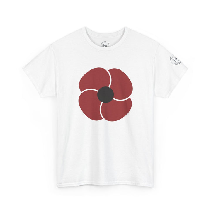White t-shirt by S&amp;W Gallus featuring a bold red poppy graphic on the front.