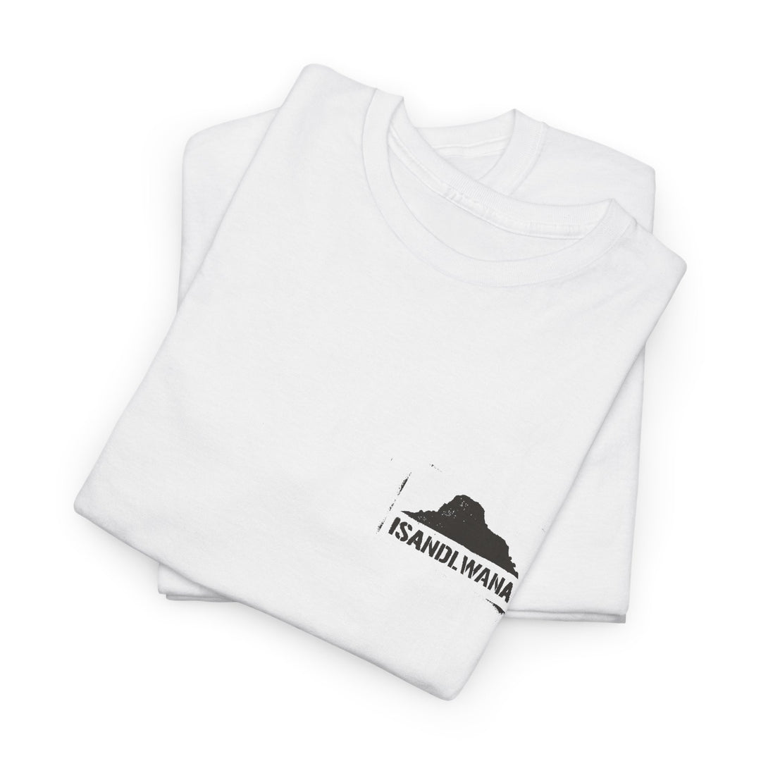 Minimal Rorke’s Drift landscape tee with “Isandlwana Over My Heart” design. Subtle Anglo-Zulu War tribute for true history enthusiasts.