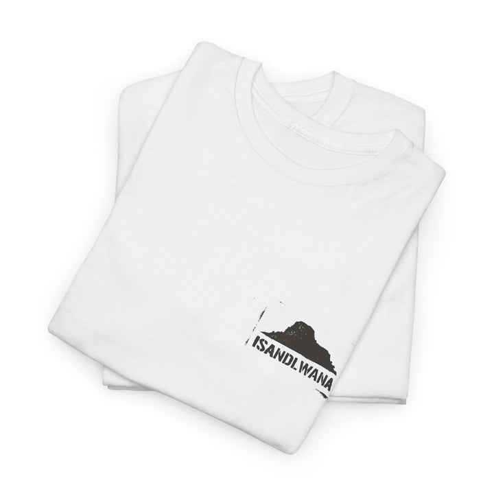 Minimal Rorke’s Drift landscape tee with “Isandlwana Over My Heart” design. Subtle Anglo-Zulu War tribute for true history enthusiasts.