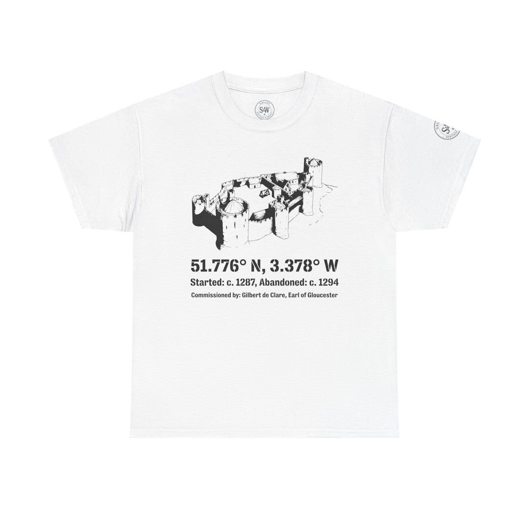 White Morlais Castle T-shirt by S&amp;W Gallus featuring castle sketch graphic and historical details.