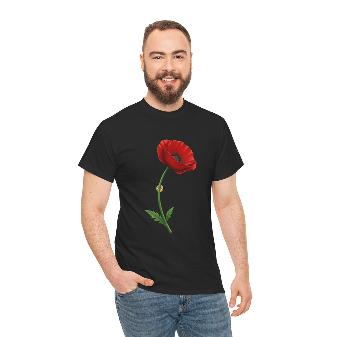 Black t-shirt with a poppy flower print by S&amp;W Gallus worn with blue jeans.
