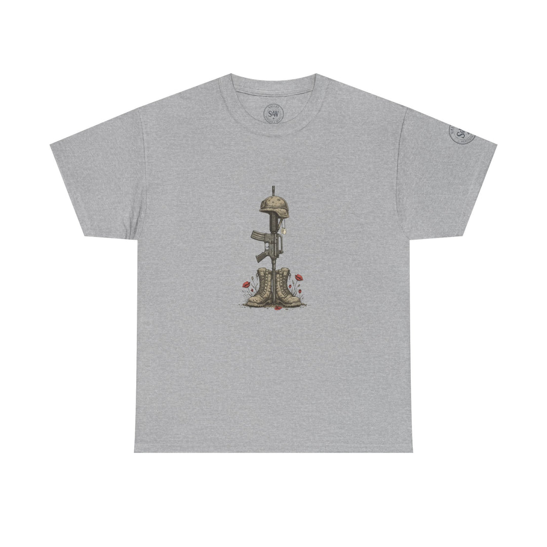 Gray t-shirt by S&amp;W Gallus featuring a military memorial design with a helmet, rifle, boots, and poppies.