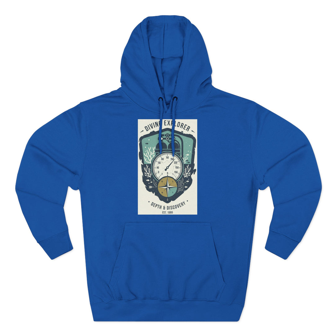 Blue Explorer Compass Hoodie by S&amp;W Gallus featuring a scuba diving themed graphic design and a front pocket.