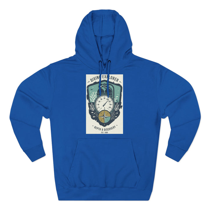 Blue Explorer Compass Hoodie by S&amp;W Gallus featuring a scuba diving themed graphic design and a front pocket.