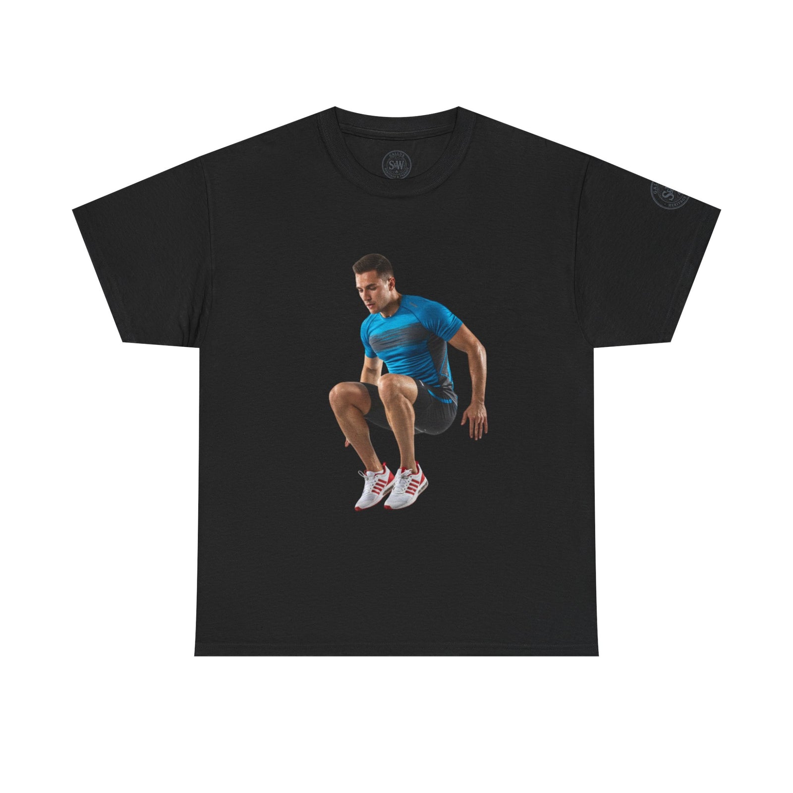 Black T-shirt from S&W Gallus, displaying a man in sportswear jumping, with a brand logo on the collar and left sleeve.