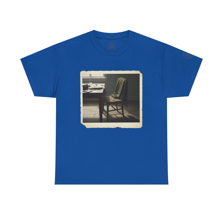 Blue t-shirt by S&amp;W Gallus featuring a vintage photographic print of an empty dining table and chair.