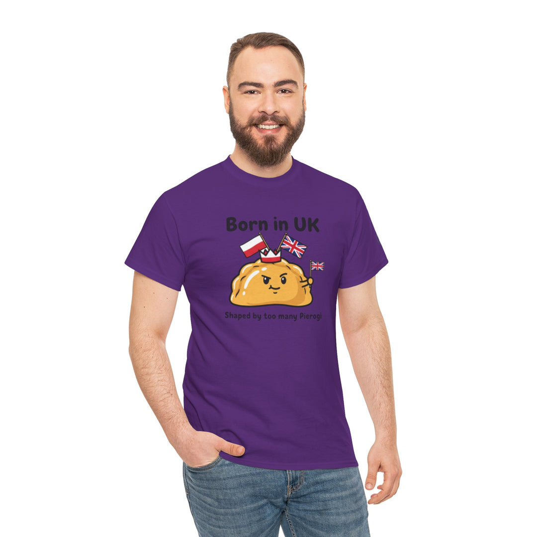 Purple t-shirt by S&amp;W Gallus featuring a pierogi with flags, paired with blue jeans on a smiling man.