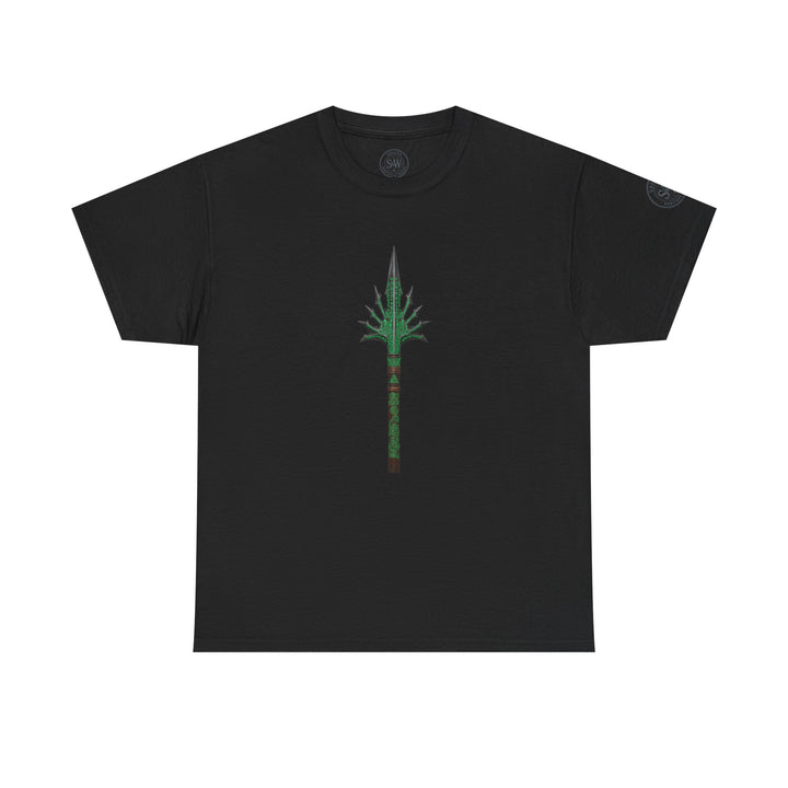 Black graphic t-shirt by S&amp;W Gallus displaying an ornate spear design on the chest.