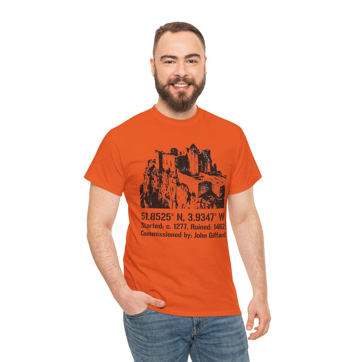 Orange T-shirt with castle graphic by S&amp;W Gallus, worn with blue jeans.