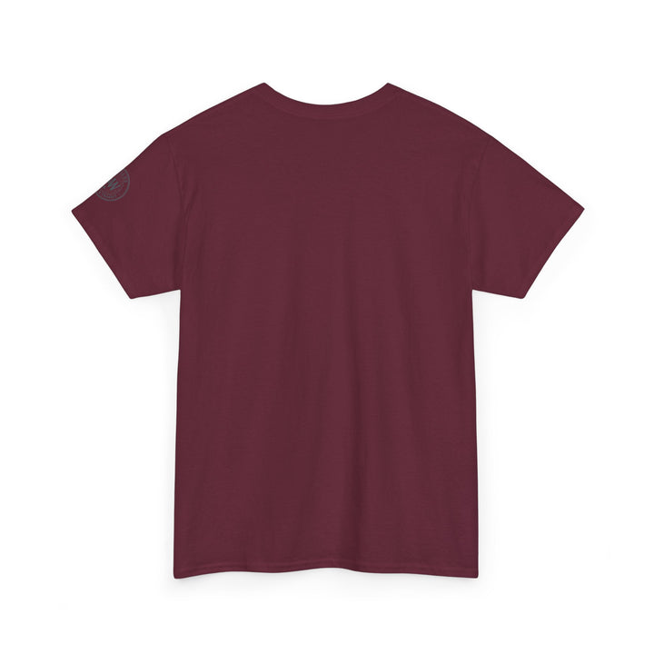 Maroon t-shirt by S&amp;W Gallus, with a small logo on the left sleeve.