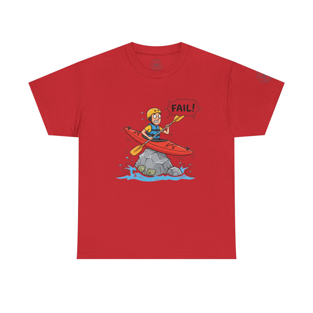 Red graphic T-shirt by S&amp;W Gallus, featuring a cartoon kayaker stuck on a rock with a "FAIL!" bubble.