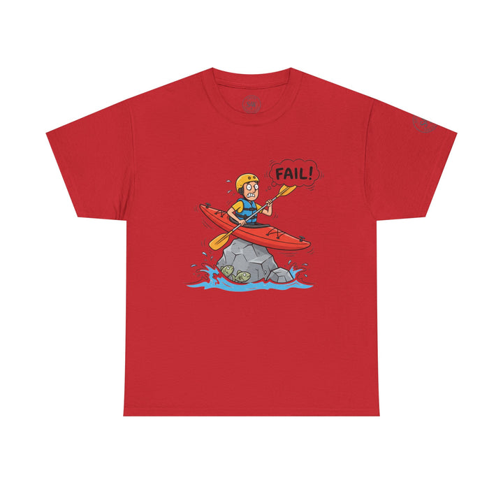 Red graphic T-shirt by S&amp;W Gallus, featuring a cartoon kayaker stuck on a rock with a "FAIL!" bubble.