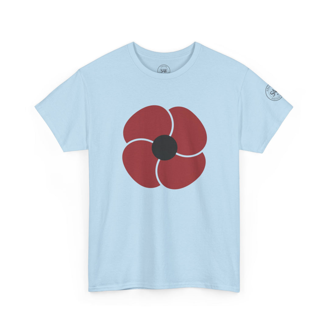 Light blue t-shirt with a red poppy design by S&amp;W Gallus, featuring a crew neck and short sleeves.