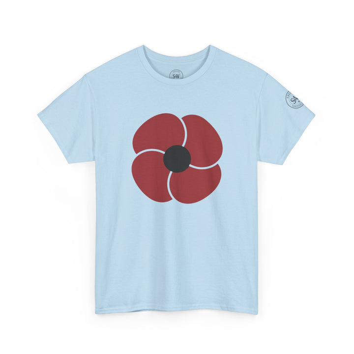 Light blue t-shirt with a red poppy design by S&amp;W Gallus, featuring a crew neck and short sleeves.