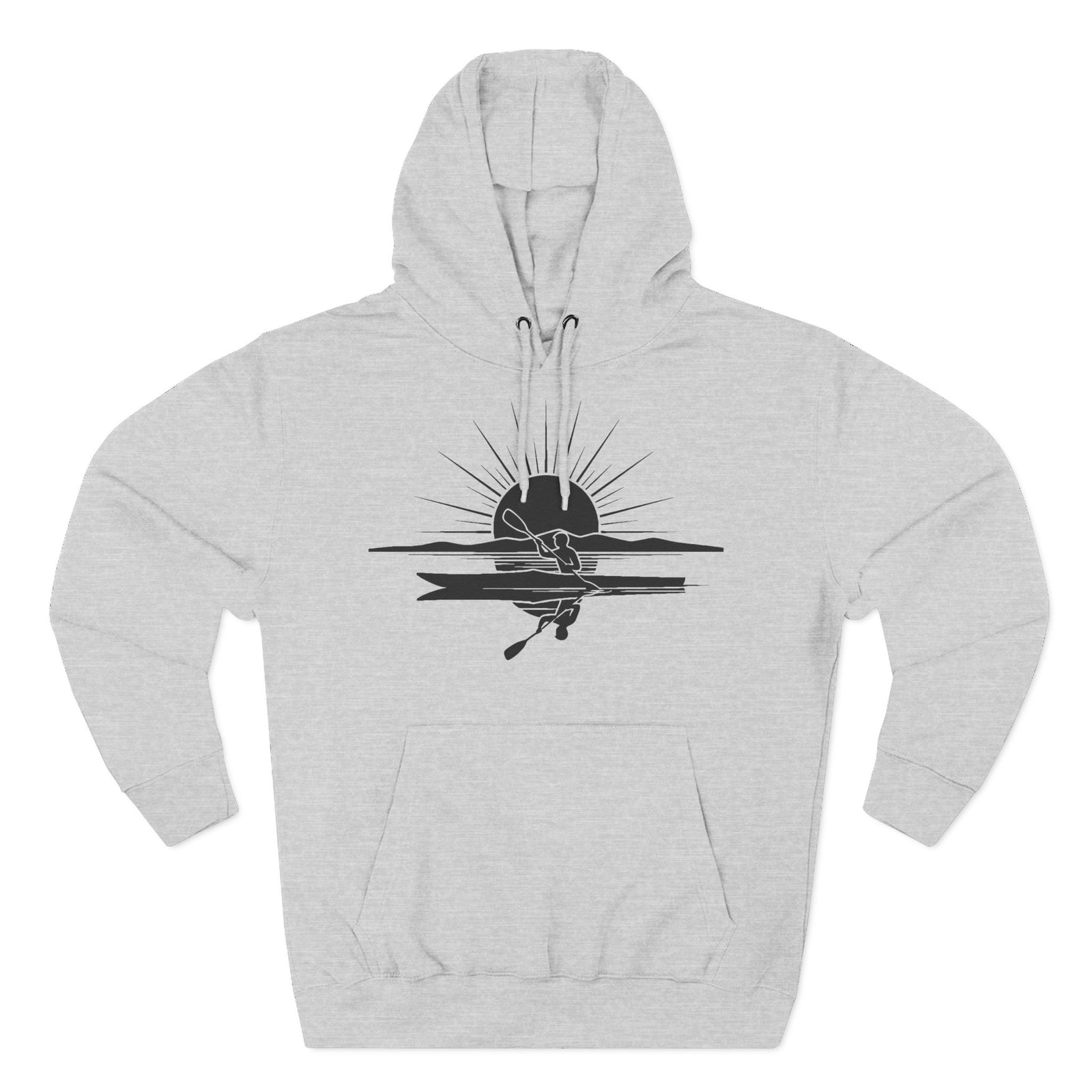 Heather gray fleece hoodie by S&W Gallus featuring a black graphic of a kayaker and sun on front.