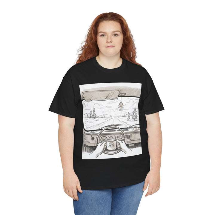 Scenic Drive Van Illustration Tee – soft cotton with a detailed van and landscape design. Perfect for road trips, outdoor adventures, and casual wear.