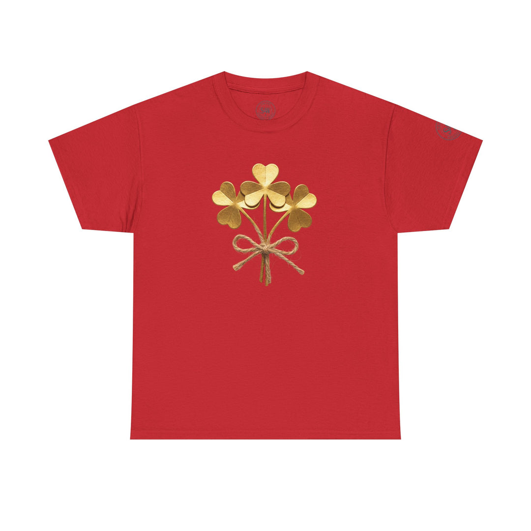 Red t-shirt by S&amp;W Gallus featuring a bouquet of golden shamrocks tied with twine.