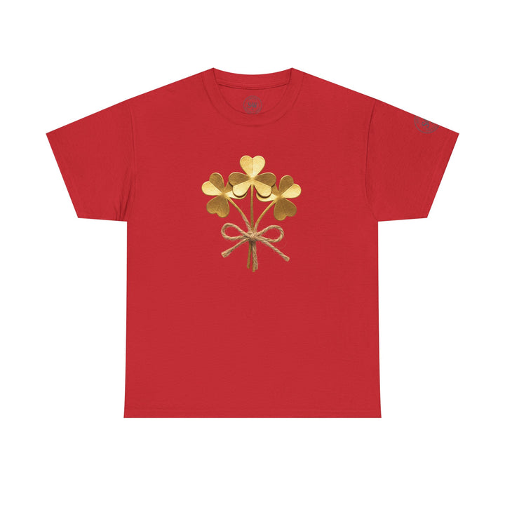 Red t-shirt by S&amp;W Gallus featuring a bouquet of golden shamrocks tied with twine.