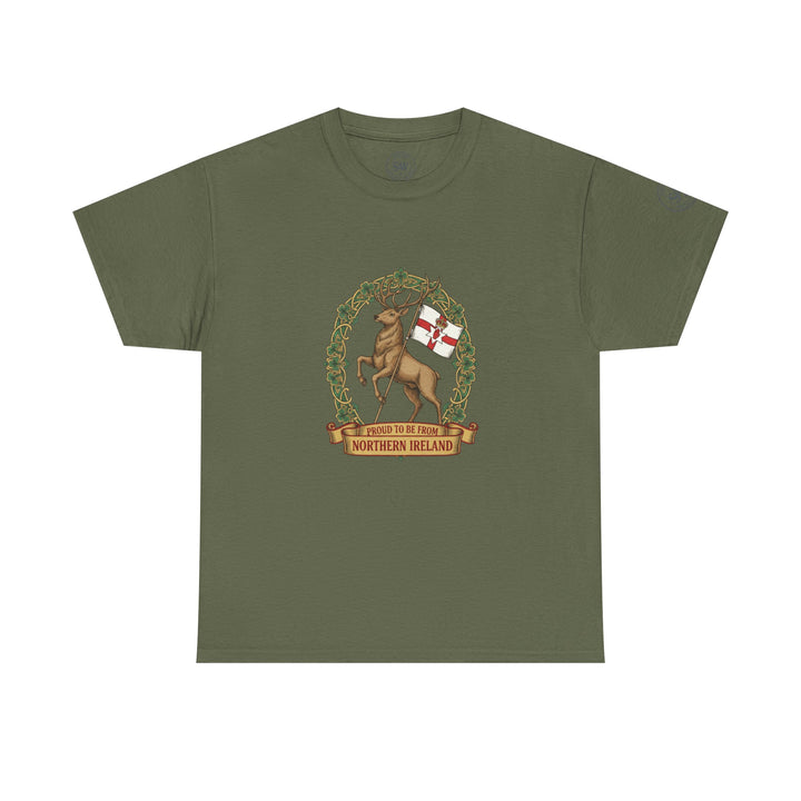 Olive green t-shirt by S&amp;W Gallus featuring a Northern Ireland stag graphic with green wreath and banner.