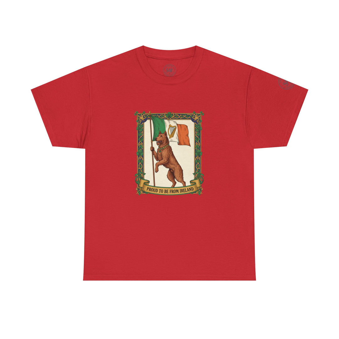 Red graphic tee by S&amp;W Gallus featuring an Irish Wolfhound holding the Irish flag in an ornate frame.
