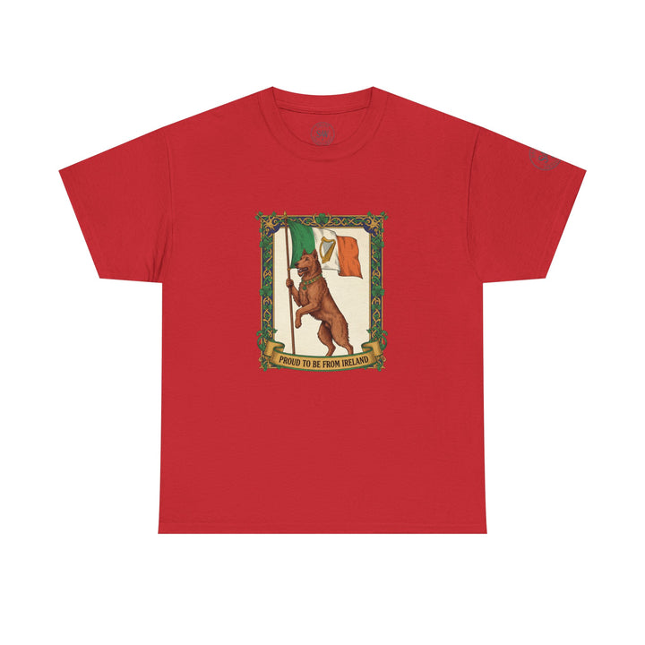 Red graphic tee by S&amp;W Gallus featuring an Irish Wolfhound holding the Irish flag in an ornate frame.