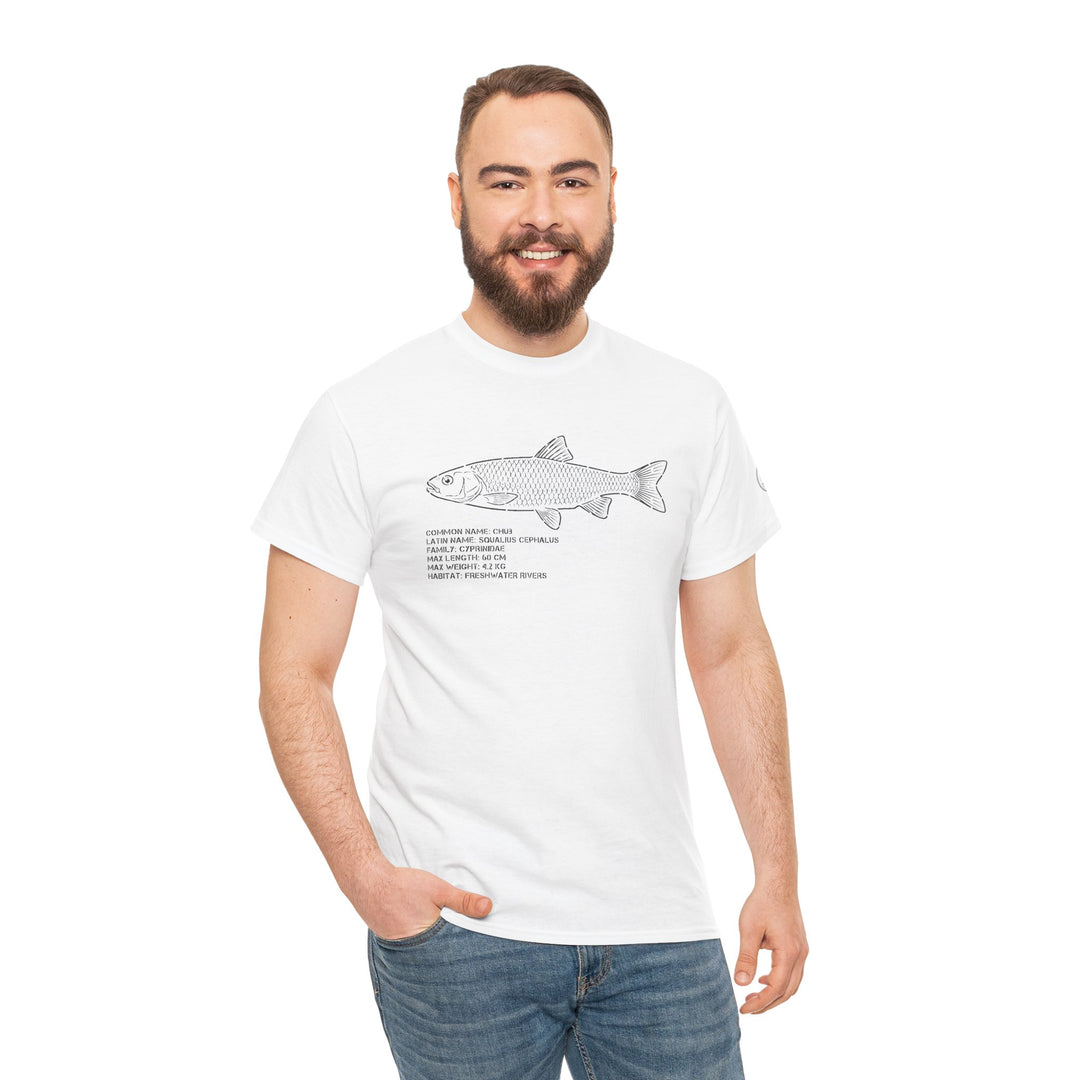 White graphic t-shirt with a fish anatomy illustration by S&amp;W Gallus, worn with jeans by a smiling man.