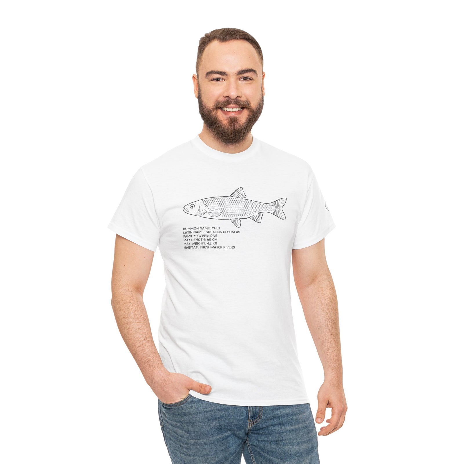 White graphic t-shirt with a fish anatomy illustration by S&W Gallus, worn with jeans by a smiling man.