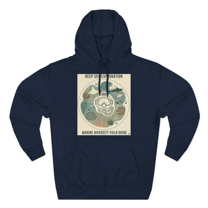 Navy hoodie by S&amp;W Gallus featuring a deep sea diving helmet surrounded by marine life in a circular design.
