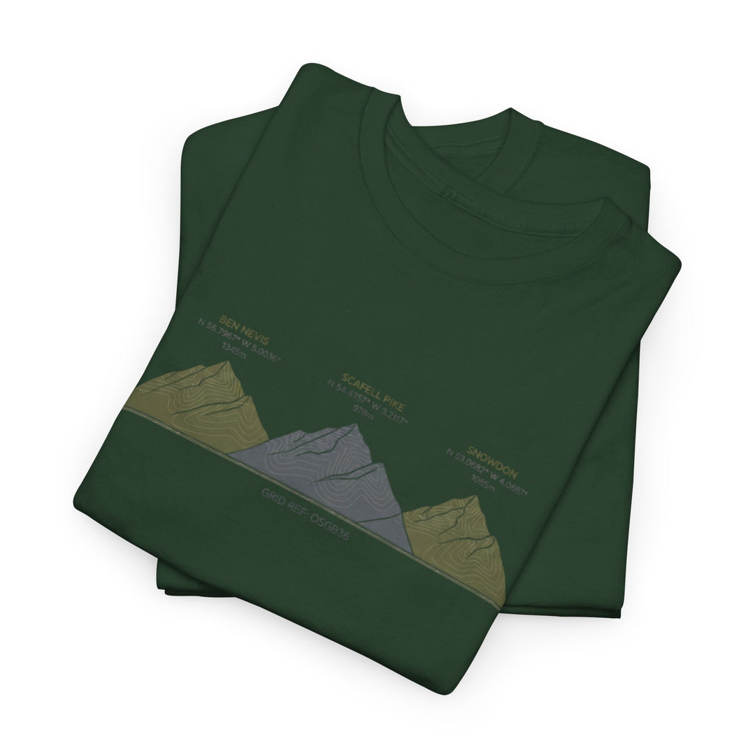 Three Peaks Challenge Graphic T-Shirt — Retro UK Mountain Hiking Tee