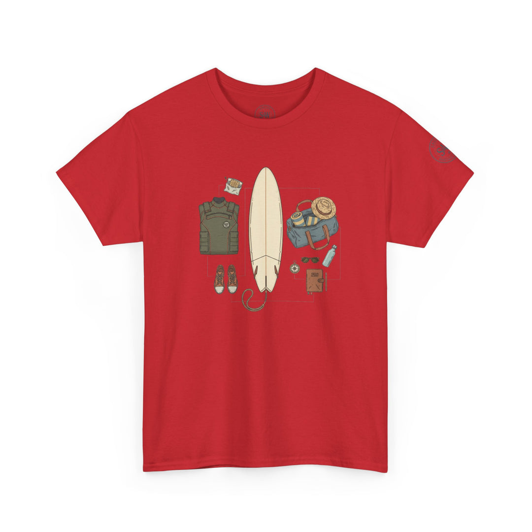 Red t-shirt by S&amp;W Gallus, featuring surf gear graphics arranged centrally on the garment.