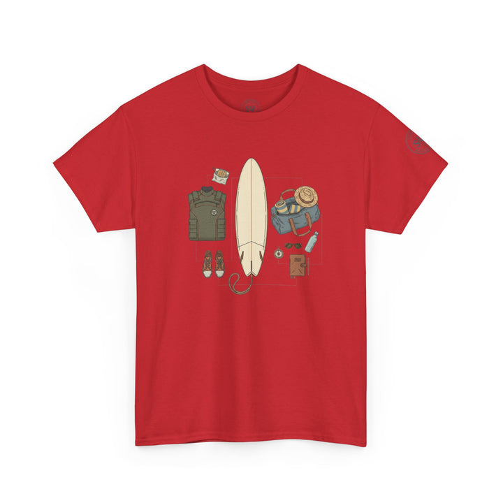 Red t-shirt by S&amp;W Gallus, featuring surf gear graphics arranged centrally on the garment.