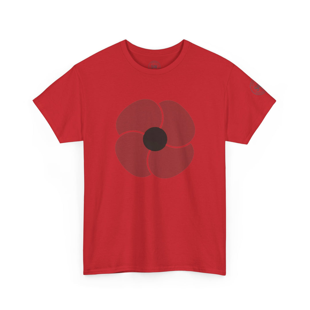 Red t-shirt by S&amp;W Gallus, decorated with a poppy in the center.