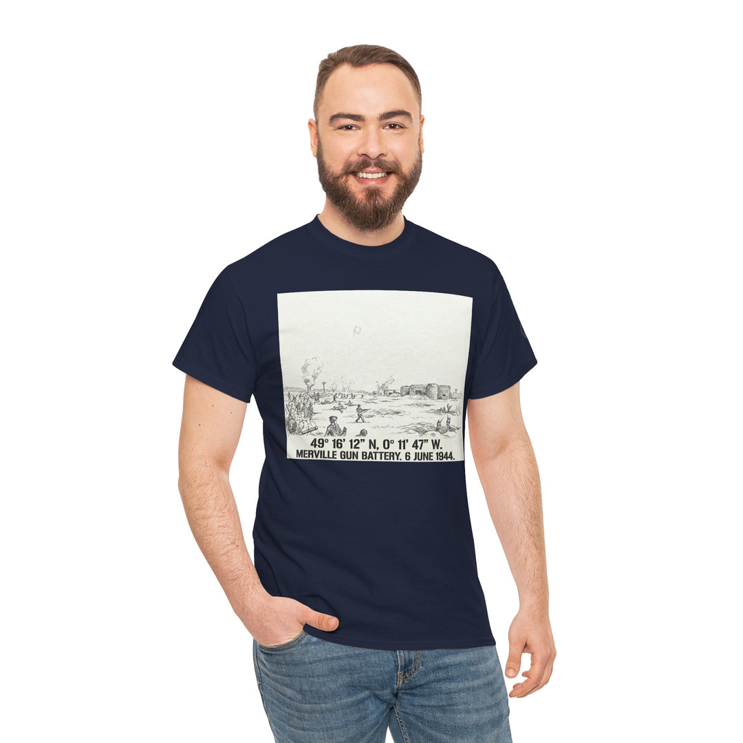 Navy t-shirt with Merville Gun Battery sketch by Veteran owned, over blue jeans worn by smiling man.