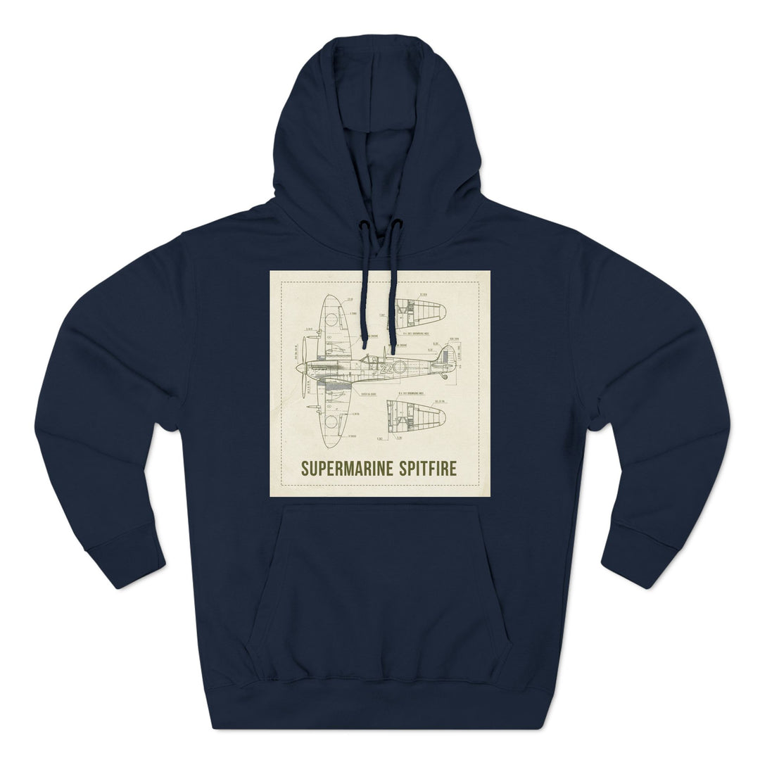 Navy hoodie with WWII Spitfire blueprint by S&amp;W Gallus, featuring a front pouch pocket.