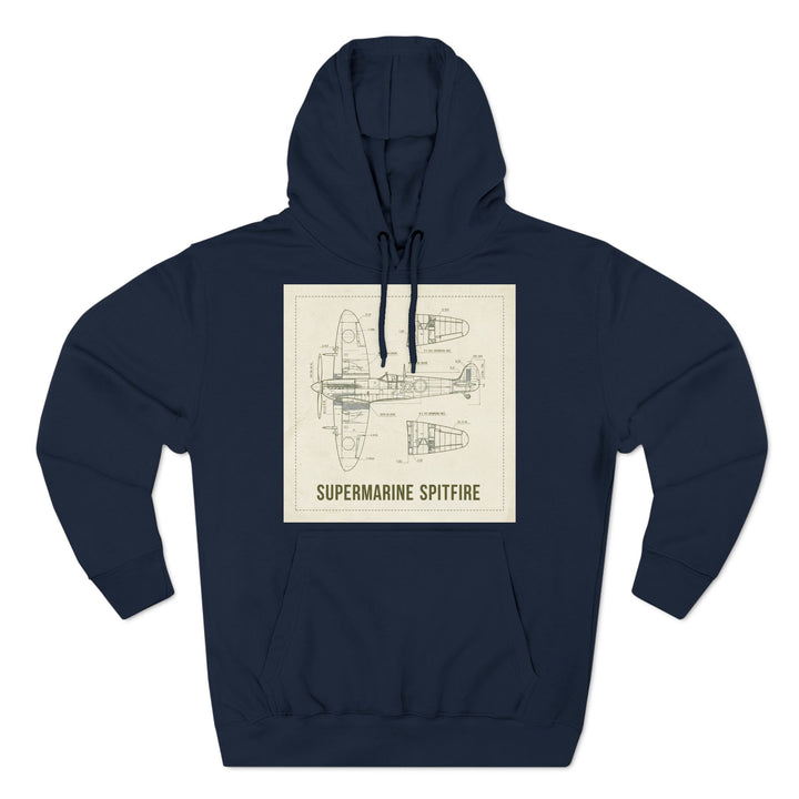 Navy hoodie with WWII Spitfire blueprint by S&amp;W Gallus, featuring a front pouch pocket.