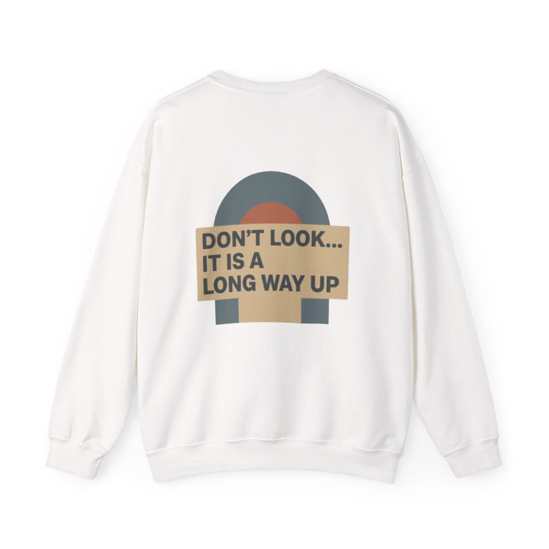 Crewneck Sweatshirt — Gallus Minimal Logo &amp; Retro Arch “Don’t Look… It Is A Long Way Up”