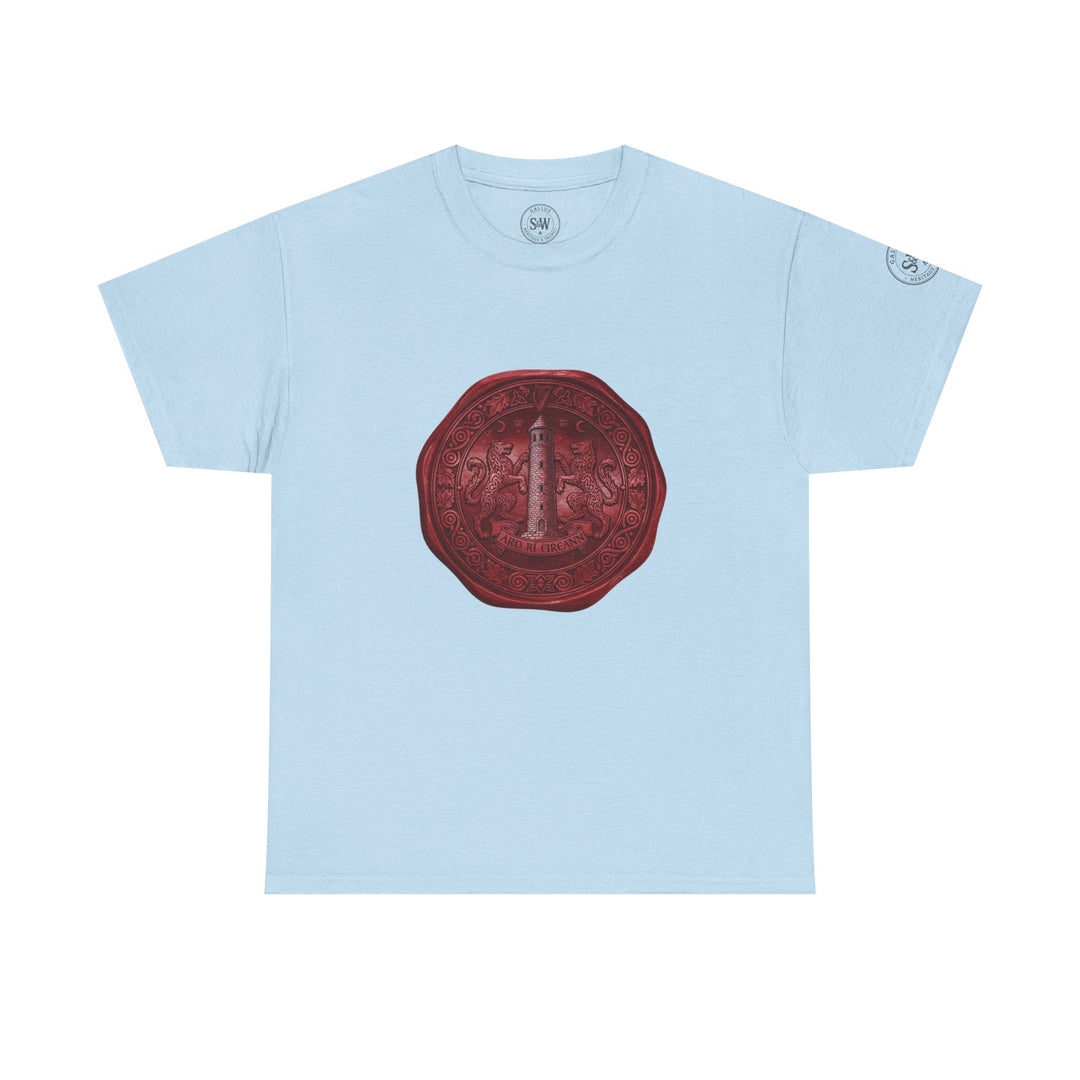 Light blue t-shirt by S&amp;W Gallus featuring a large, intricate wax seal graphic on the front.