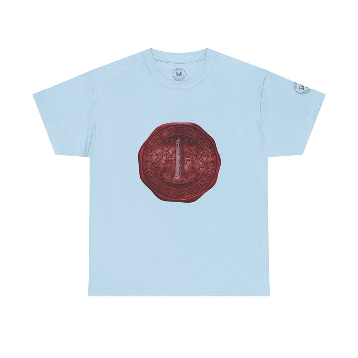 Light blue t-shirt by S&amp;W Gallus featuring a large, intricate wax seal graphic on the front.