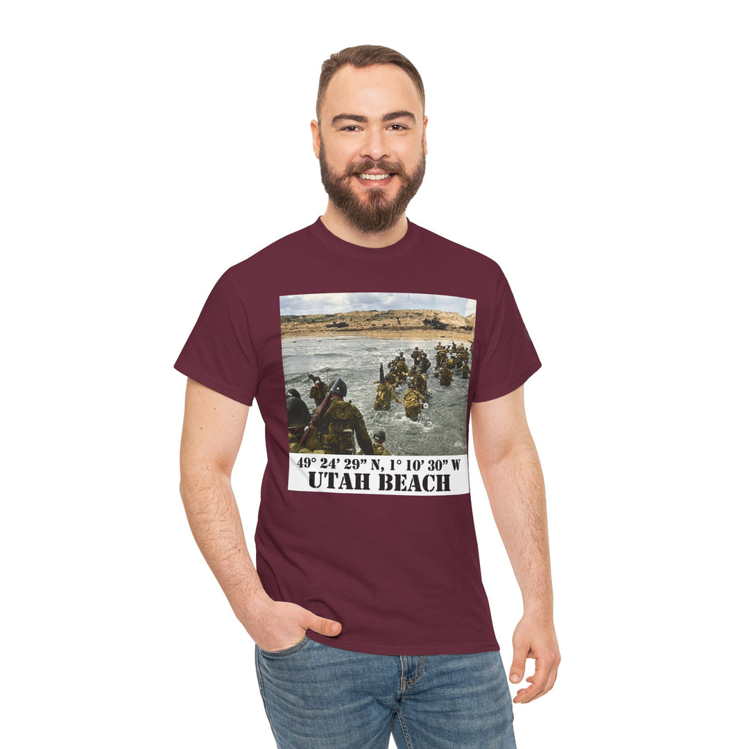 Burgundy t-shirt by Veteran owned with a Utah Beach graphic, worn with blue jeans.