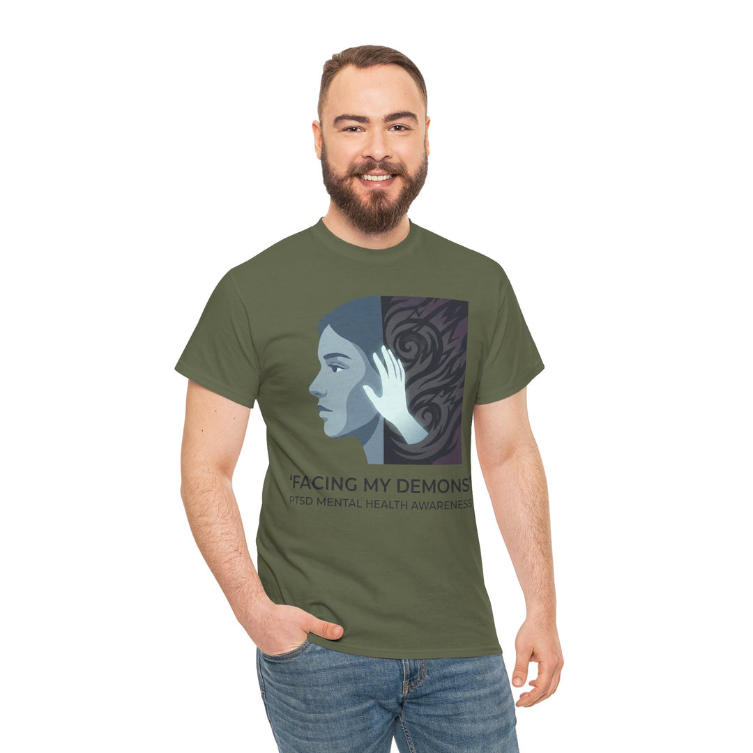 Olive green t-shirt by Veteran owned, featuring a mental health awareness design, worn with jeans.