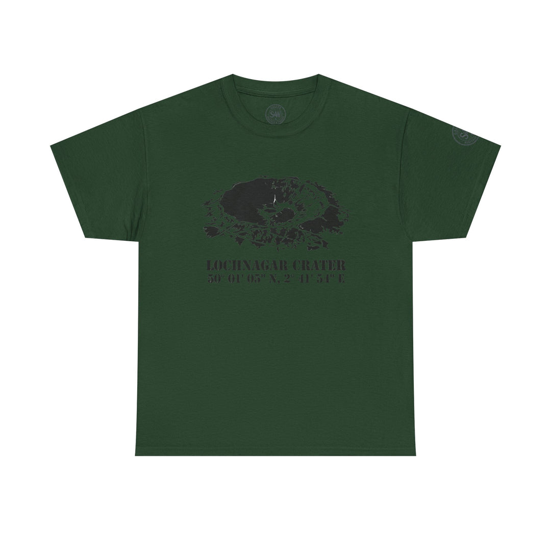 Forest green t-shirt by S&amp;W Gallus, featuring a map of Lochnagar Crater with coordinate text.