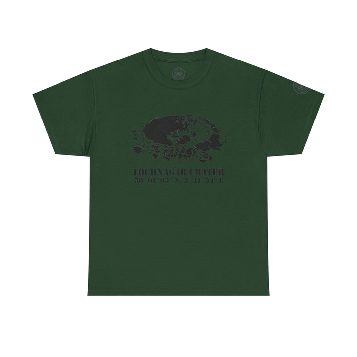 Forest green t-shirt by S&amp;W Gallus, featuring a map of Lochnagar Crater with coordinate text.