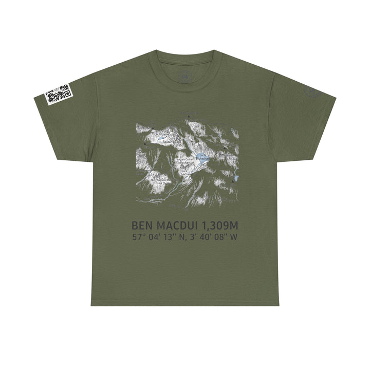 Olive green T-shirt by S&amp;W Gallus, featuring a mountain range map and coordinates with a QR code on the sleeve.