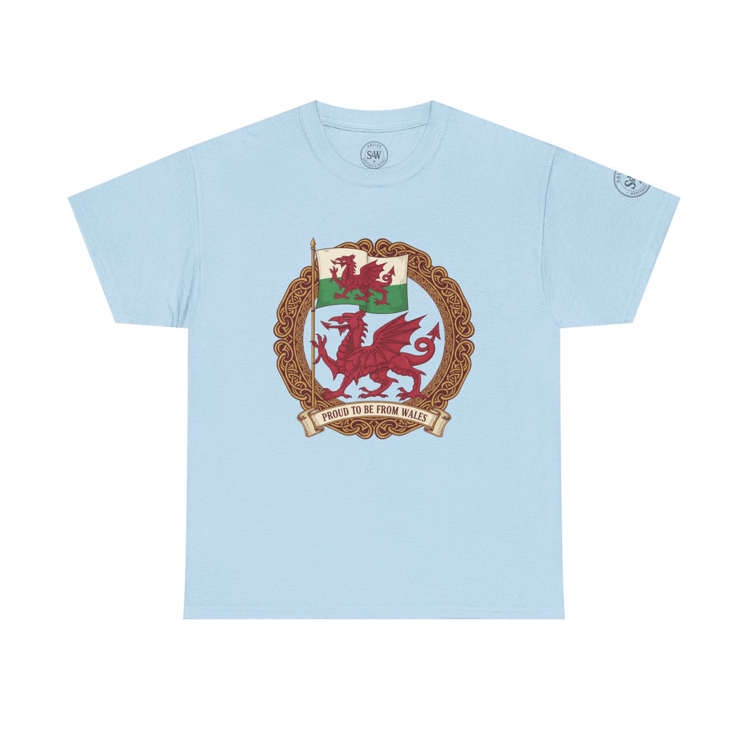 Light blue T-shirt by S&amp;W Gallus with a Welsh dragon crest and "Proud to be from Wales" banner.
