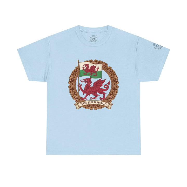 Light blue T-shirt by S&amp;W Gallus with a Welsh dragon crest and "Proud to be from Wales" banner.
